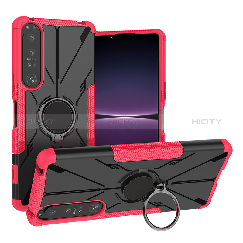 Funda Bumper Silicona y Plastico Mate Carcasa con Magnetico Anillo de dedo Soporte JX1 para Sony Xperia 1 IV Rosa Roja
