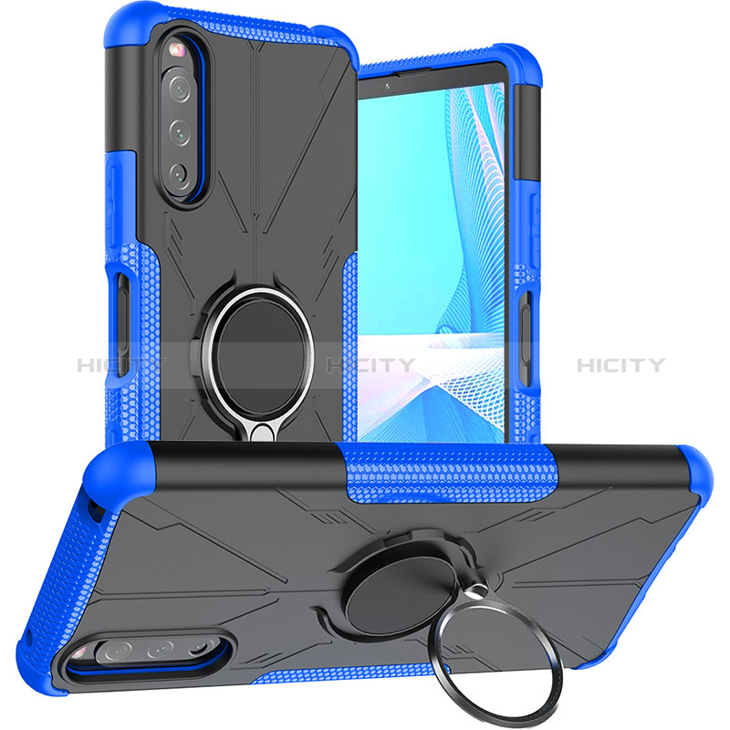 Funda Bumper Silicona y Plastico Mate Carcasa con Magnetico Anillo de dedo Soporte JX1 para Sony Xperia 10 III Azul