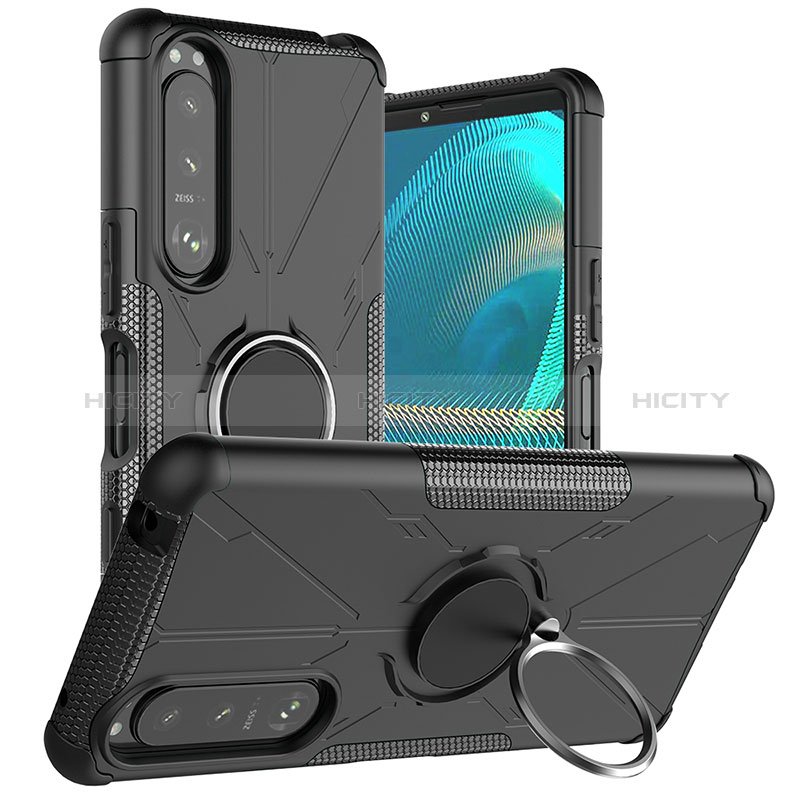 Funda Bumper Silicona y Plastico Mate Carcasa con Magnetico Anillo de dedo Soporte JX1 para Sony Xperia 5 III Negro