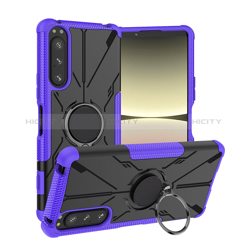 Funda Bumper Silicona y Plastico Mate Carcasa con Magnetico Anillo de dedo Soporte JX1 para Sony Xperia 5 IV Morado