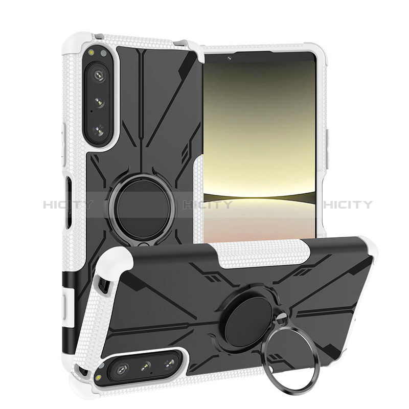 Funda Bumper Silicona y Plastico Mate Carcasa con Magnetico Anillo de dedo Soporte JX1 para Sony Xperia 5 IV Plata