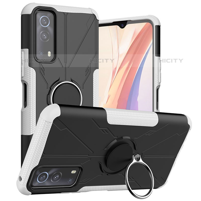 Funda Bumper Silicona y Plastico Mate Carcasa con Magnetico Anillo de dedo Soporte JX1 para Vivo iQOO Z3 5G Plata