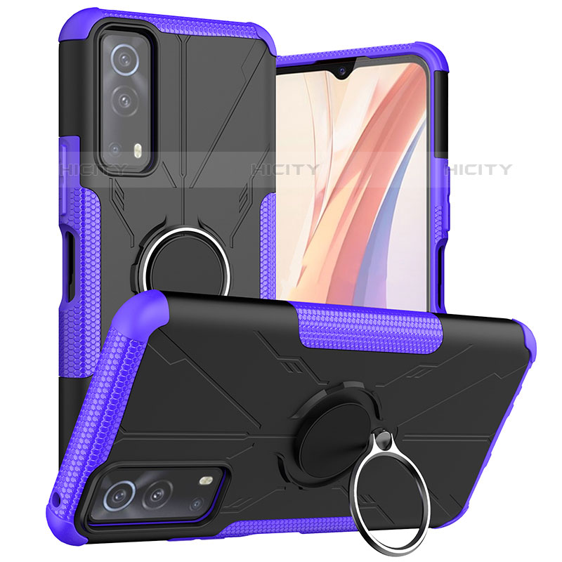 Funda Bumper Silicona y Plastico Mate Carcasa con Magnetico Anillo de dedo Soporte JX1 para Vivo Y52 5G Morado