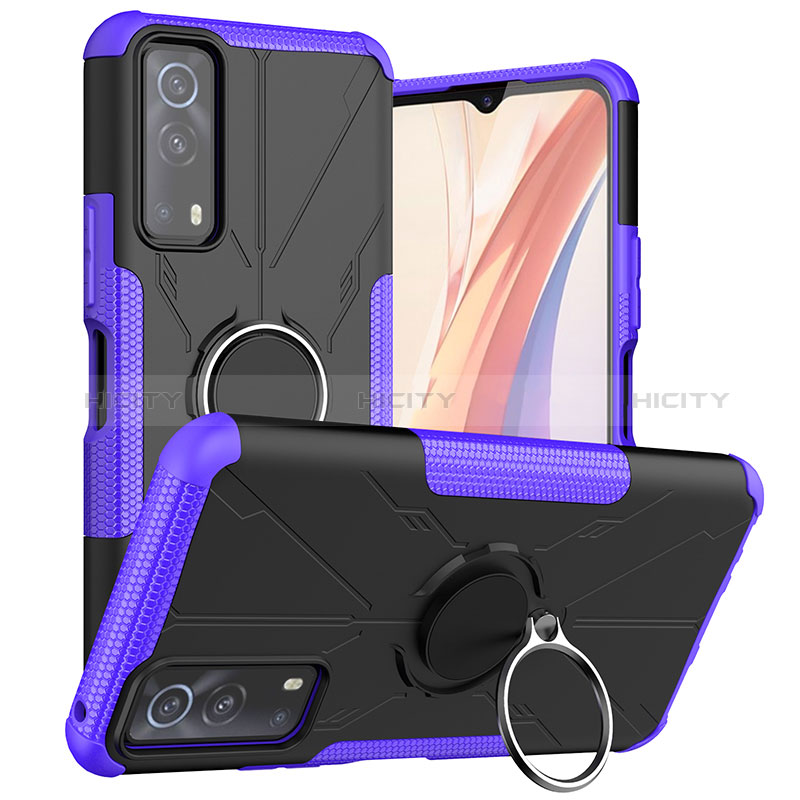 Funda Bumper Silicona y Plastico Mate Carcasa con Magnetico Anillo de dedo Soporte JX1 para Vivo Y72 5G Morado