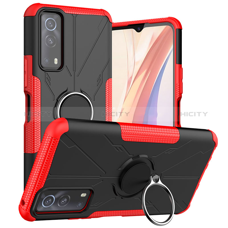 Funda Bumper Silicona y Plastico Mate Carcasa con Magnetico Anillo de dedo Soporte JX1 para Vivo Y72 5G Rojo