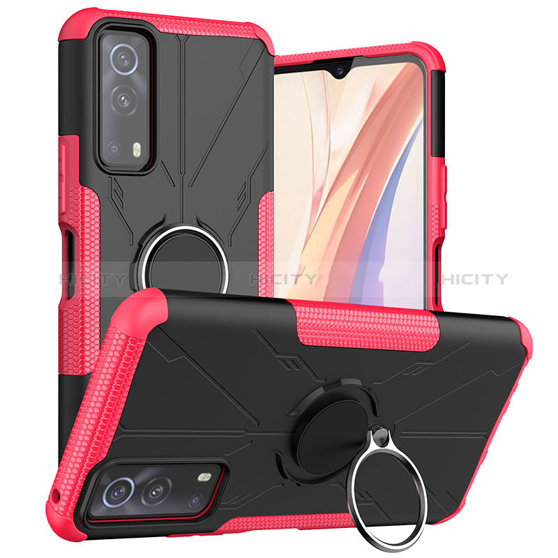 Funda Bumper Silicona y Plastico Mate Carcasa con Magnetico Anillo de dedo Soporte JX1 para Vivo Y72 5G Rosa Roja