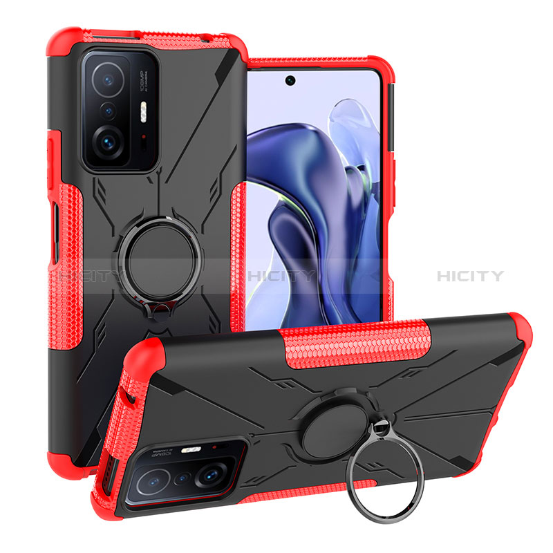 Funda Bumper Silicona y Plastico Mate Carcasa con Magnetico Anillo de dedo Soporte JX1 para Xiaomi Mi 11T 5G Rojo