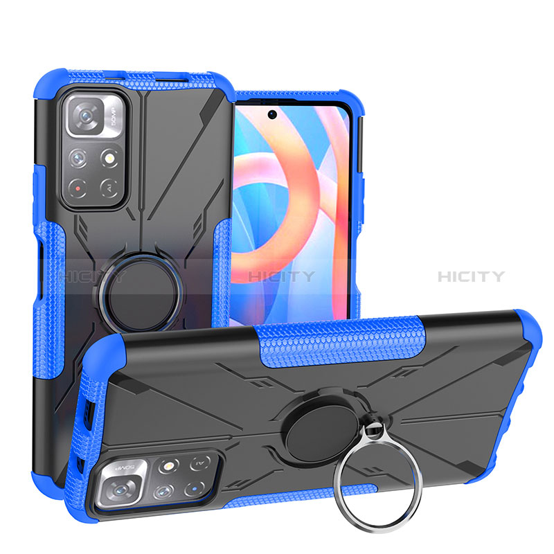 Funda Bumper Silicona y Plastico Mate Carcasa con Magnetico Anillo de dedo Soporte JX1 para Xiaomi Poco M4 Pro 5G Azul