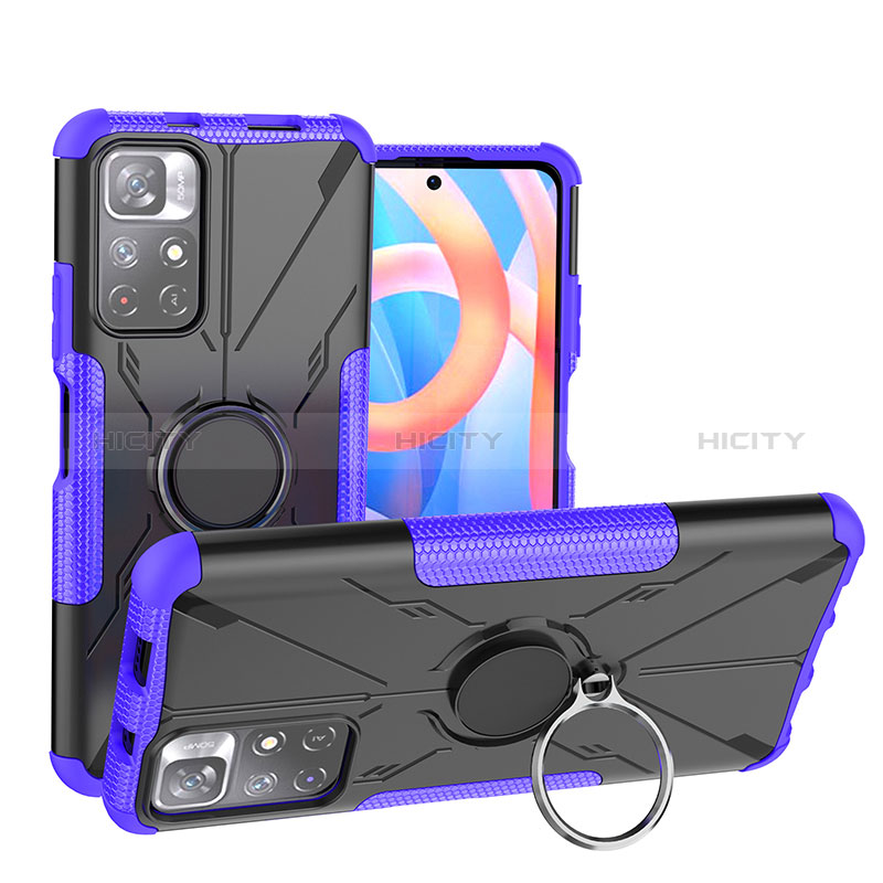 Funda Bumper Silicona y Plastico Mate Carcasa con Magnetico Anillo de dedo Soporte JX1 para Xiaomi Poco M4 Pro 5G Morado