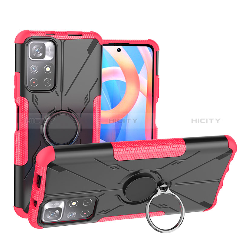 Funda Bumper Silicona y Plastico Mate Carcasa con Magnetico Anillo de dedo Soporte JX1 para Xiaomi Poco M4 Pro 5G Rosa Roja