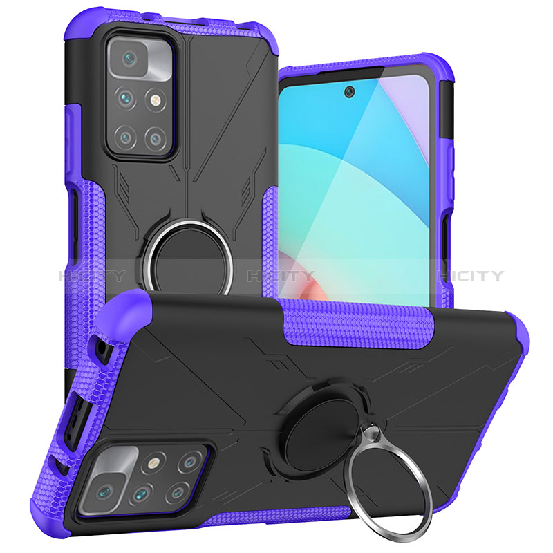 Funda Bumper Silicona y Plastico Mate Carcasa con Magnetico Anillo de dedo Soporte JX1 para Xiaomi Redmi 10 4G Morado