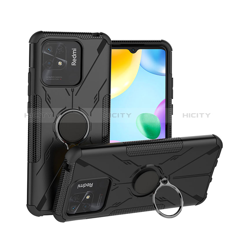 Funda Bumper Silicona y Plastico Mate Carcasa con Magnetico Anillo de dedo Soporte JX1 para Xiaomi Redmi 10C 4G Negro