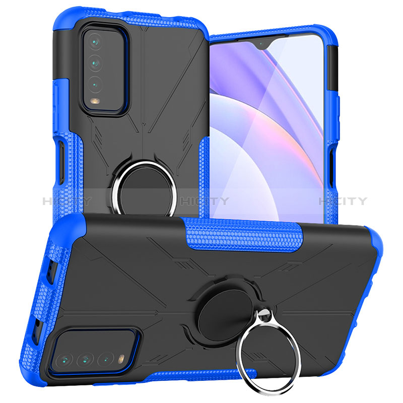 Funda Bumper Silicona y Plastico Mate Carcasa con Magnetico Anillo de dedo Soporte JX1 para Xiaomi Redmi 9 Power Azul