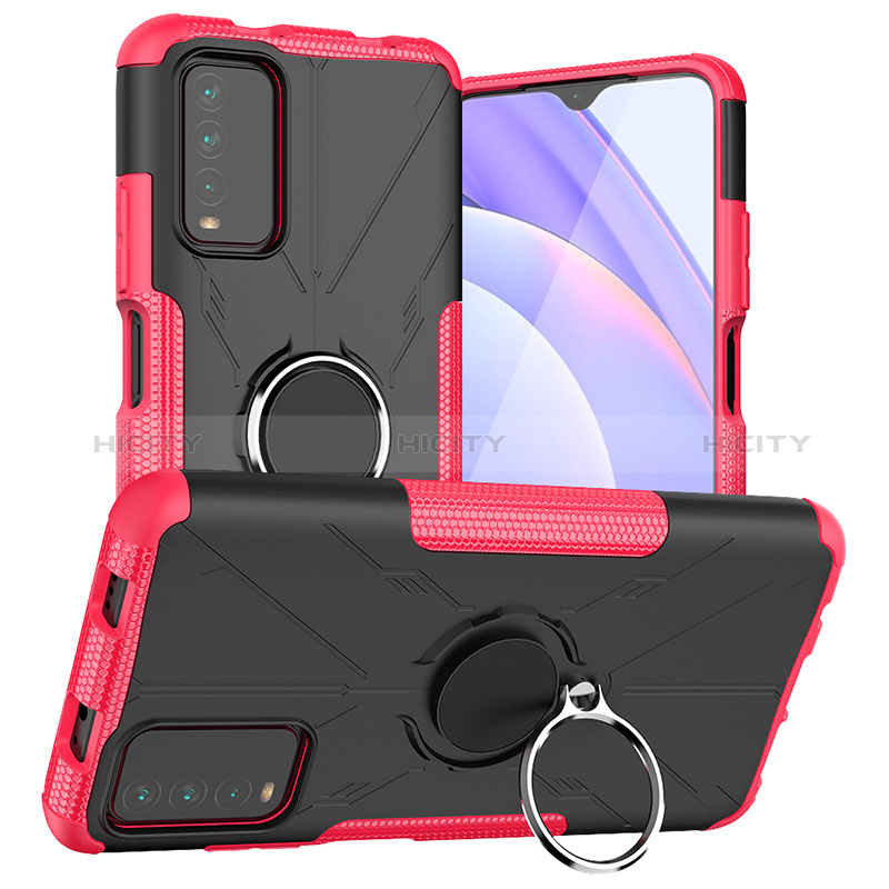 Funda Bumper Silicona y Plastico Mate Carcasa con Magnetico Anillo de dedo Soporte JX1 para Xiaomi Redmi 9 Power Rosa Roja