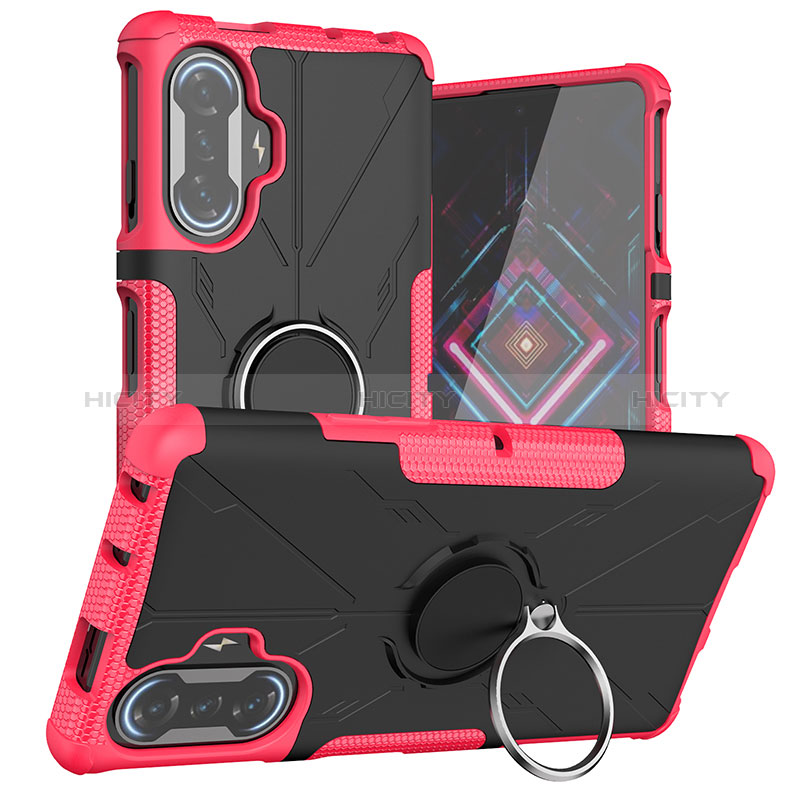 Funda Bumper Silicona y Plastico Mate Carcasa con Magnetico Anillo de dedo Soporte JX1 para Xiaomi Redmi K40 Gaming 5G Rosa Roja