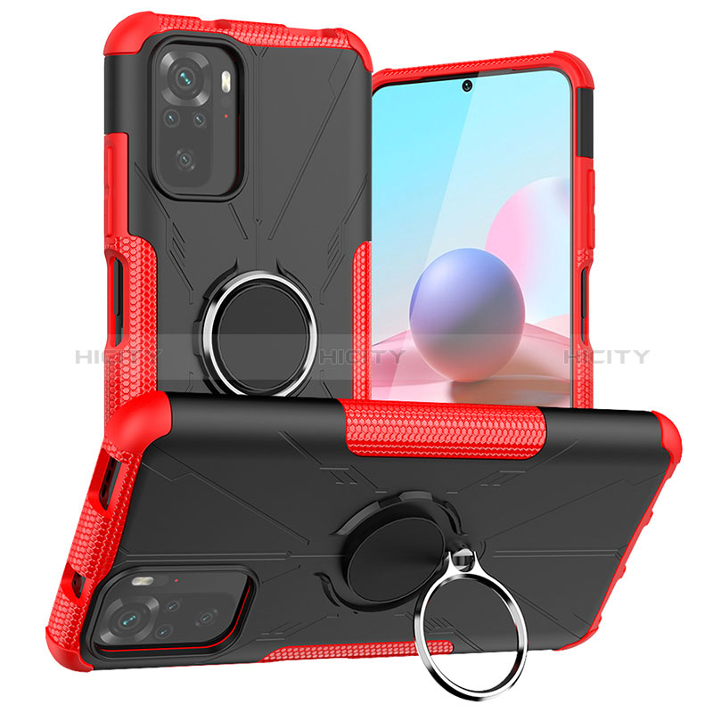 Funda Bumper Silicona y Plastico Mate Carcasa con Magnetico Anillo de dedo Soporte JX1 para Xiaomi Redmi Note 10S 4G Rojo