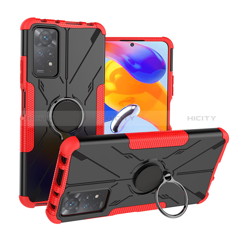 Funda Bumper Silicona y Plastico Mate Carcasa con Magnetico Anillo de dedo Soporte JX1 para Xiaomi Redmi Note 11 Pro 5G Rojo