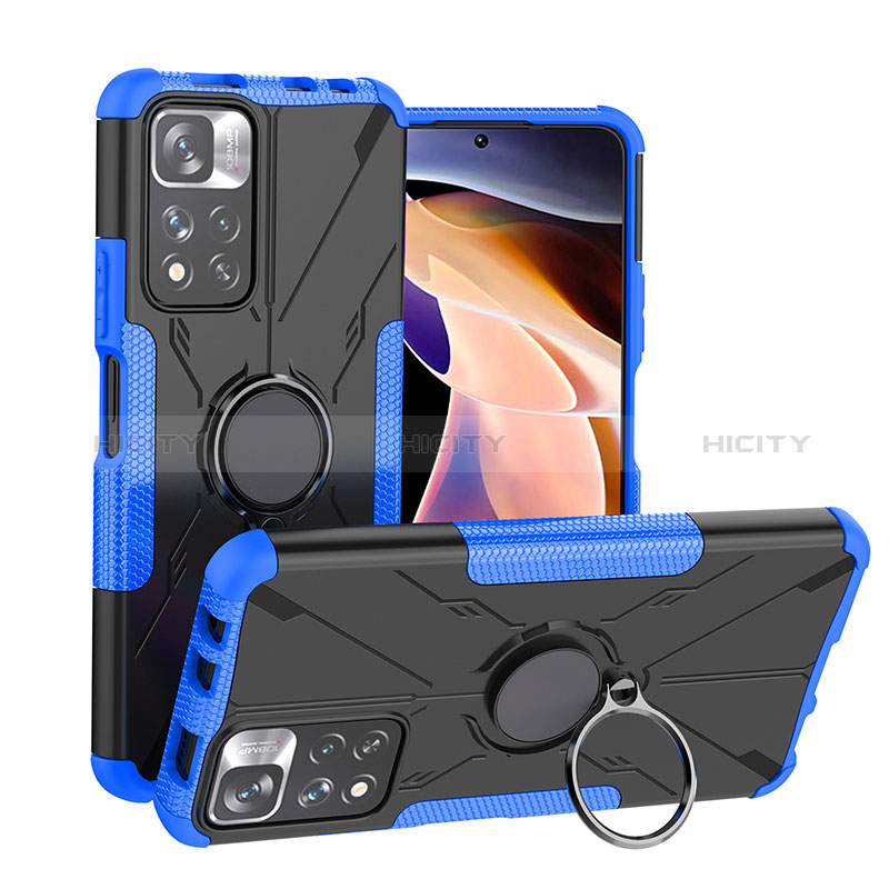 Funda Bumper Silicona y Plastico Mate Carcasa con Magnetico Anillo de dedo Soporte JX1 para Xiaomi Redmi Note 11 Pro+ Plus 5G Azul