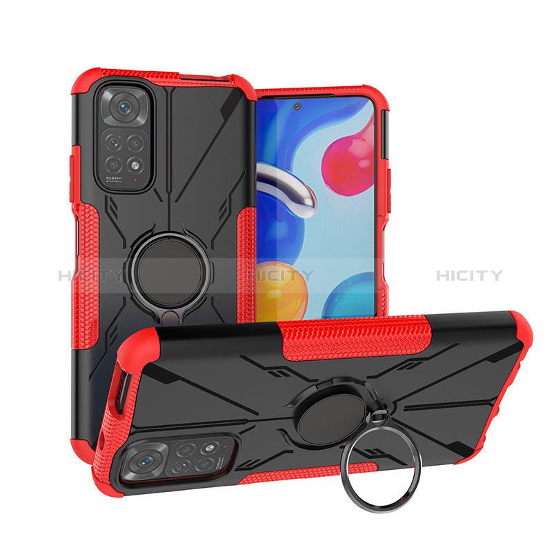 Funda Bumper Silicona y Plastico Mate Carcasa con Magnetico Anillo de dedo Soporte JX1 para Xiaomi Redmi Note 11S 4G Rojo