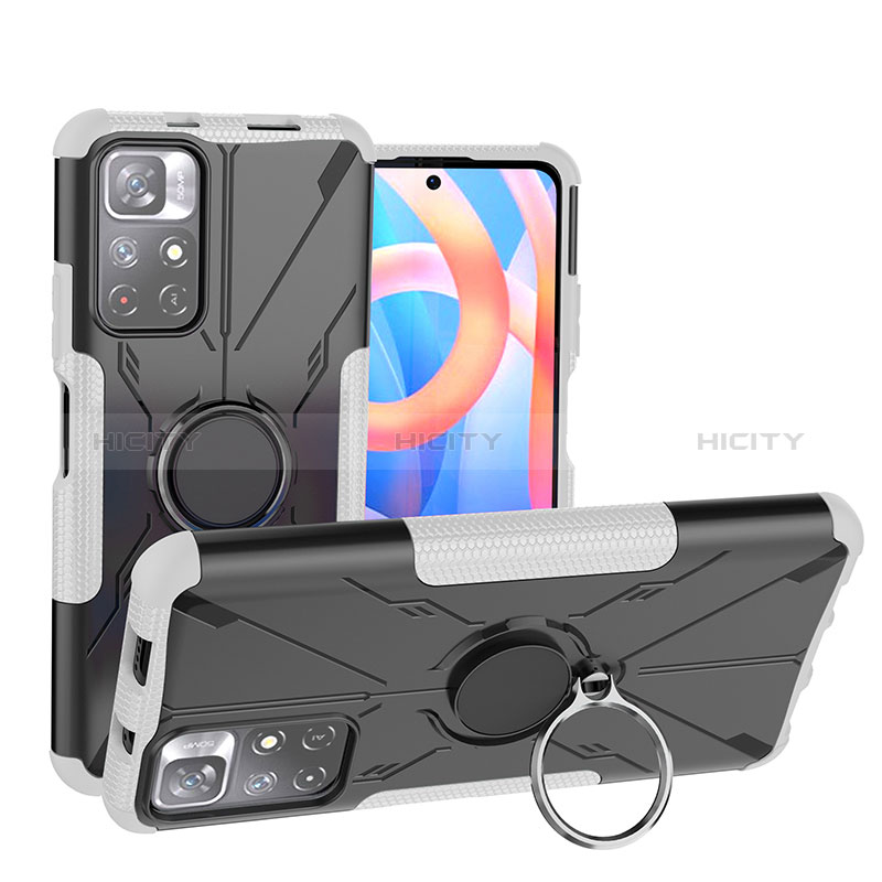 Funda Bumper Silicona y Plastico Mate Carcasa con Magnetico Anillo de dedo Soporte JX1 para Xiaomi Redmi Note 11T 5G Plata