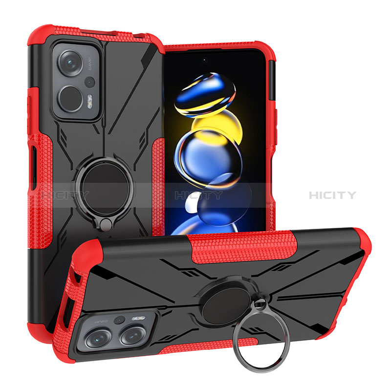 Funda Bumper Silicona y Plastico Mate Carcasa con Magnetico Anillo de dedo Soporte JX1 para Xiaomi Redmi Note 11T Pro+ Plus 5G Rojo