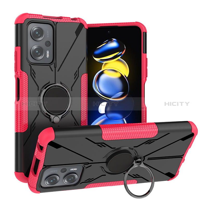 Funda Bumper Silicona y Plastico Mate Carcasa con Magnetico Anillo de dedo Soporte JX1 para Xiaomi Redmi Note 11T Pro+ Plus 5G Rosa Roja