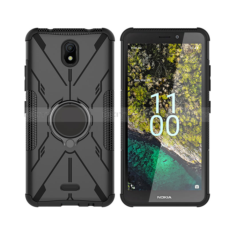 Funda Bumper Silicona y Plastico Mate Carcasa con Magnetico Anillo de dedo Soporte JX2 para Nokia C100 Negro