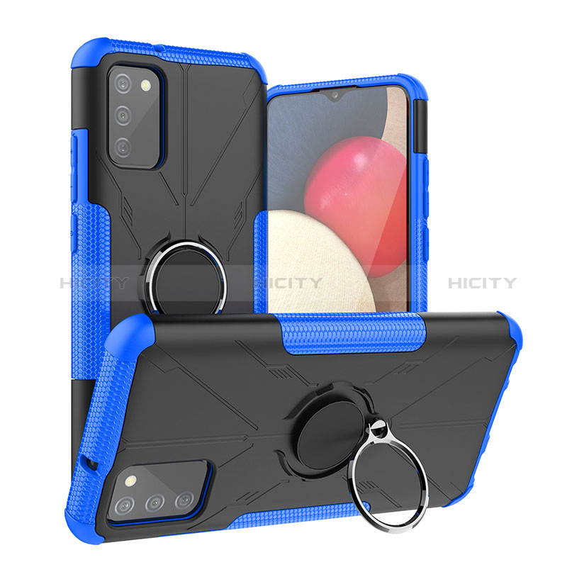 Funda Bumper Silicona y Plastico Mate Carcasa con Magnetico Anillo de dedo Soporte JX2 para Samsung Galaxy A02s Azul