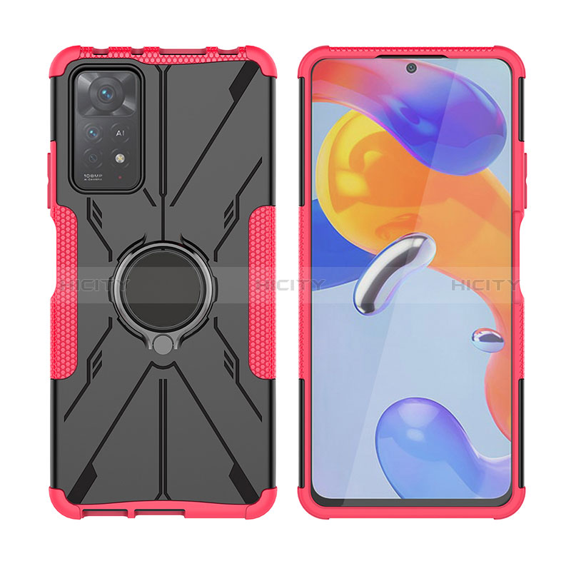 Funda Bumper Silicona y Plastico Mate Carcasa con Magnetico Anillo de dedo Soporte JX2 para Xiaomi Redmi Note 11 Pro 5G Rojo