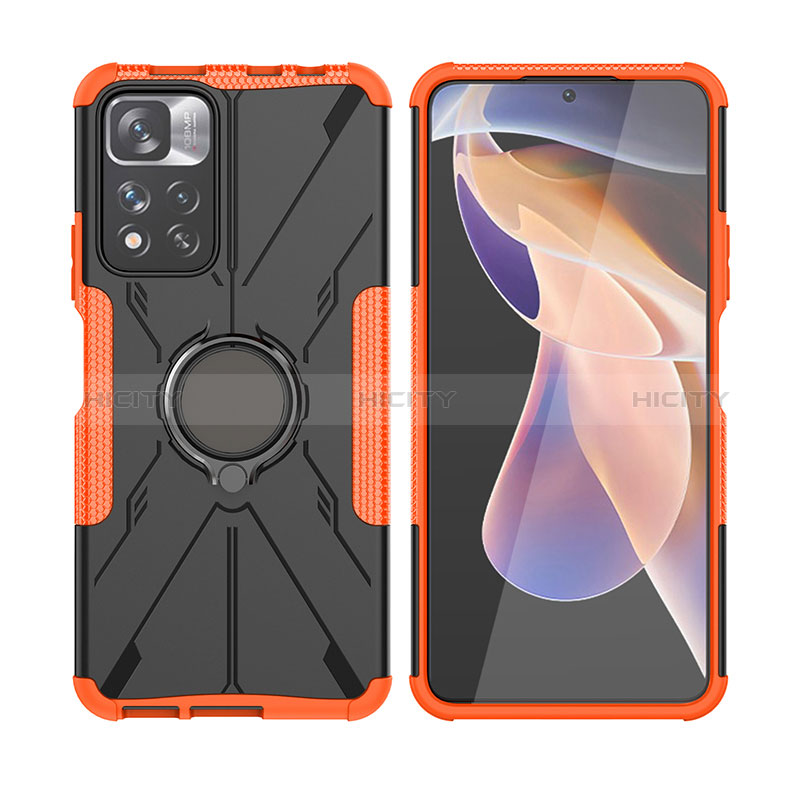 Funda Bumper Silicona y Plastico Mate Carcasa con Magnetico Anillo de dedo Soporte JX2 para Xiaomi Redmi Note 11 Pro+ Plus 5G Naranja