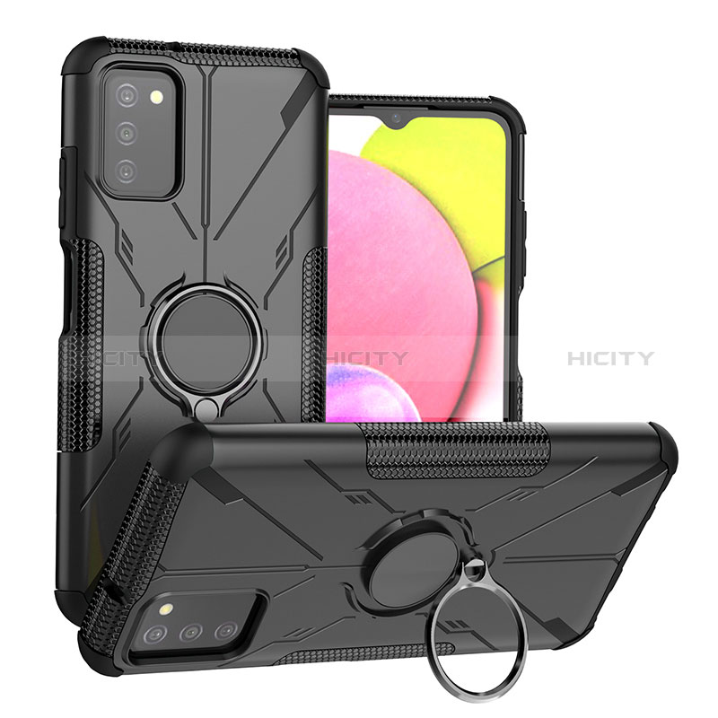 Funda Bumper Silicona y Plastico Mate Carcasa con Magnetico Anillo de dedo Soporte JX3 para Samsung Galaxy A02s Negro