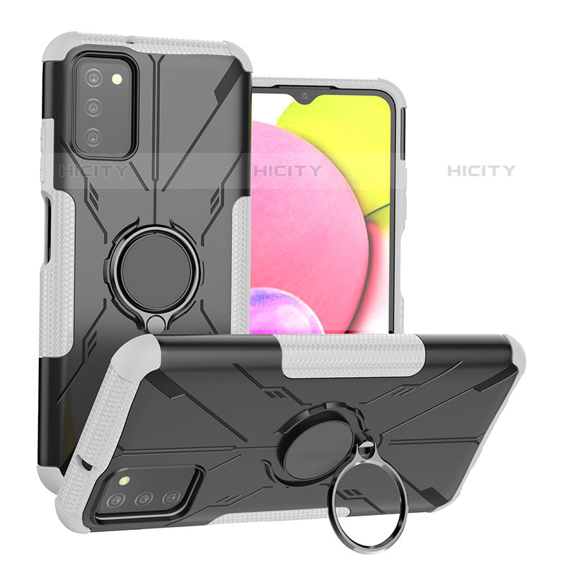 Funda Bumper Silicona y Plastico Mate Carcasa con Magnetico Anillo de dedo Soporte JX3 para Samsung Galaxy M02s Plata