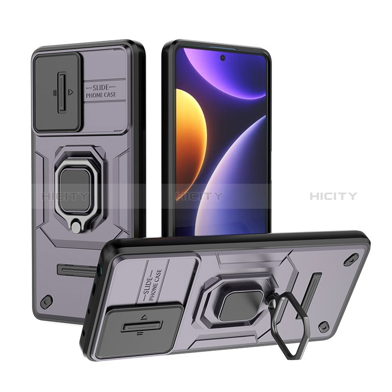 Funda Bumper Silicona y Plastico Mate Carcasa con Magnetico Anillo de dedo Soporte K1C para Xiaomi Poco F5 5G Morado