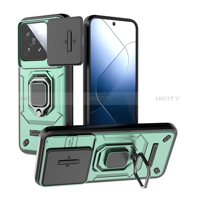 Funda Bumper Silicona y Plastico Mate Carcasa con Magnetico Anillo de dedo Soporte K2C para Xiaomi Mi 14 Pro 5G Verde