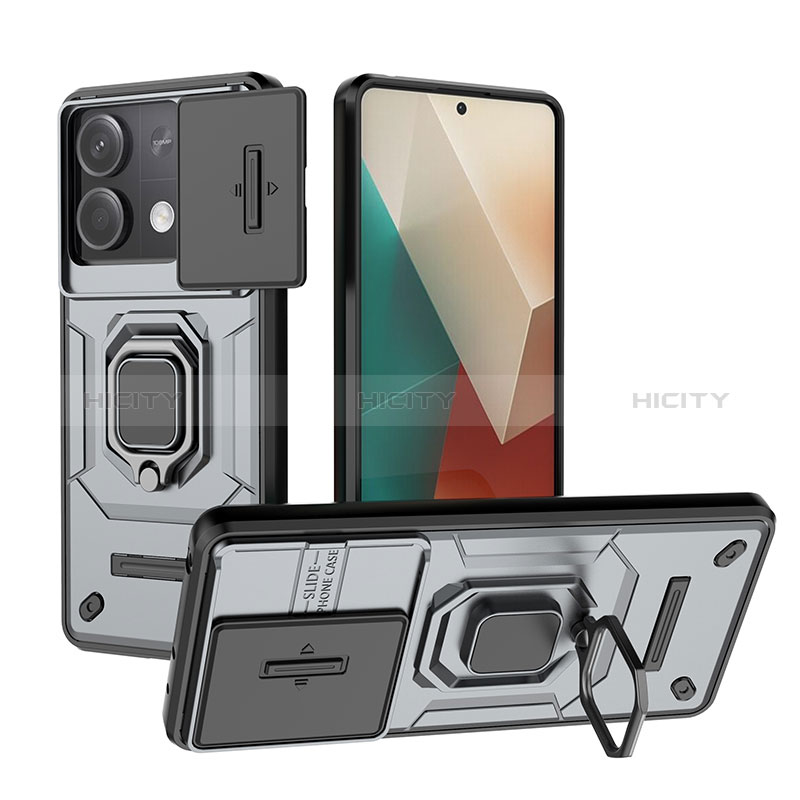 Funda Bumper Silicona y Plastico Mate Carcasa con Magnetico Anillo de dedo Soporte K2C para Xiaomi Redmi Note 13 5G Gris