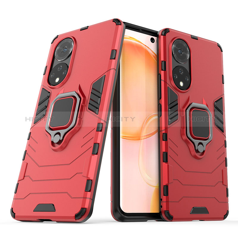 Funda Bumper Silicona y Plastico Mate Carcasa con Magnetico Anillo de dedo Soporte KC1 para Huawei Honor 50 5G Rojo