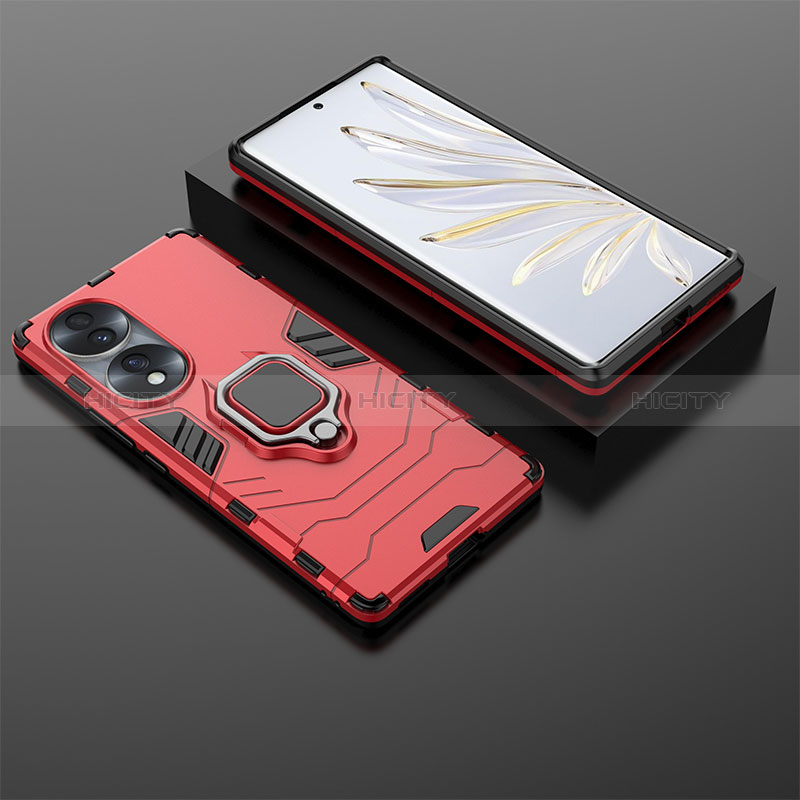 Funda Bumper Silicona y Plastico Mate Carcasa con Magnetico Anillo de dedo Soporte KC1 para Huawei Honor 70 5G Rojo