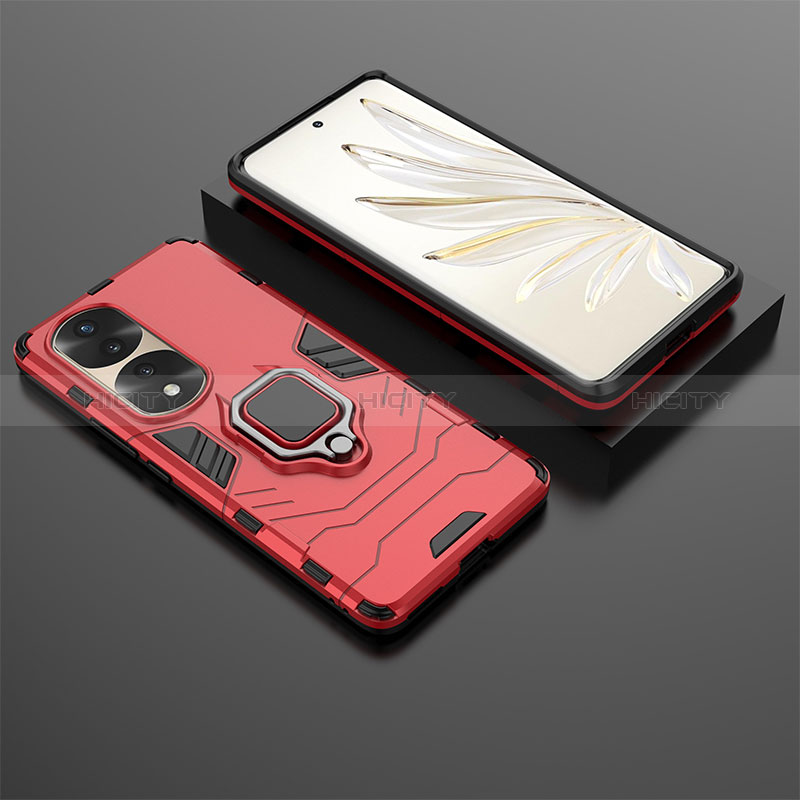 Funda Bumper Silicona y Plastico Mate Carcasa con Magnetico Anillo de dedo Soporte KC1 para Huawei Honor 70 Pro+ Plus 5G Rojo