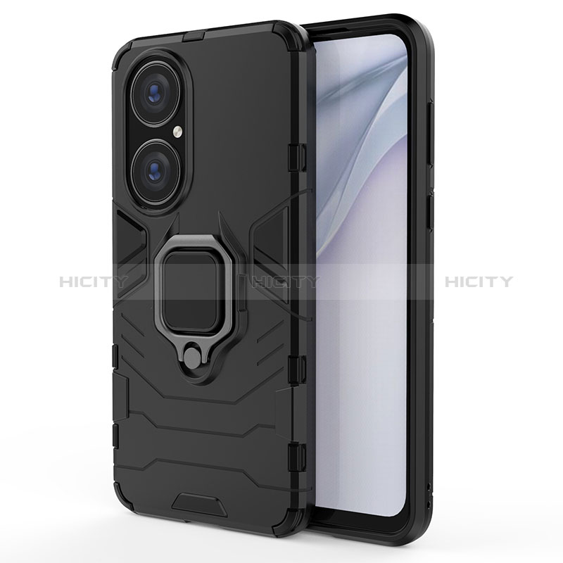 Funda Bumper Silicona y Plastico Mate Carcasa con Magnetico Anillo de dedo Soporte KC1 para Huawei P50 Negro