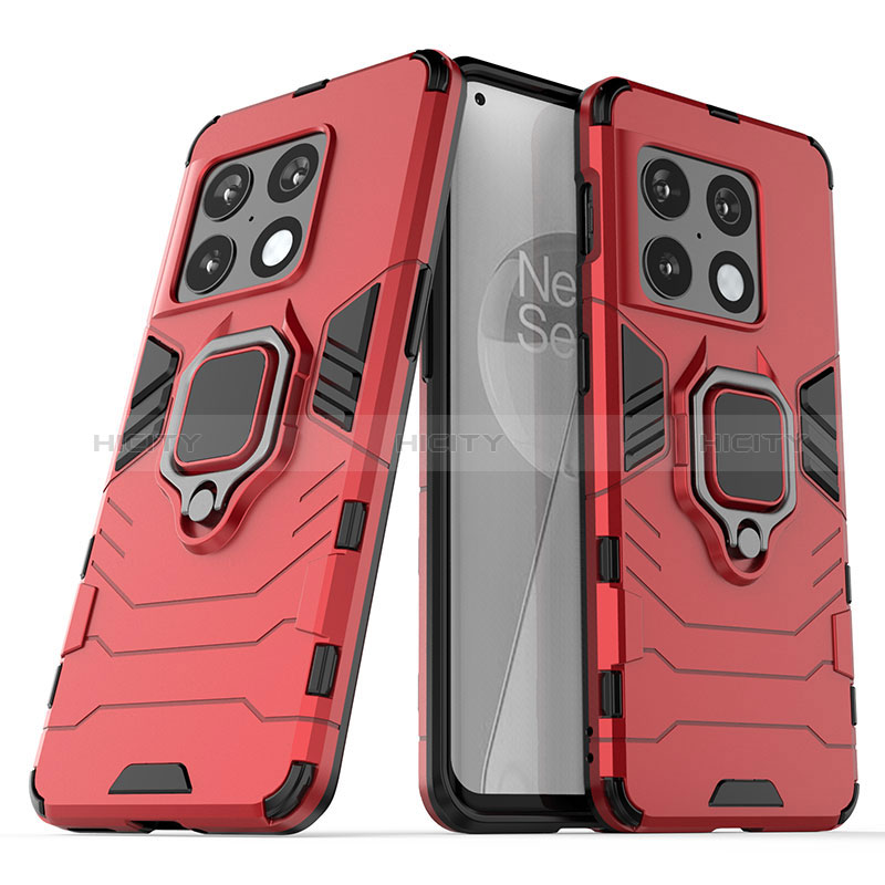 Funda Bumper Silicona y Plastico Mate Carcasa con Magnetico Anillo de dedo Soporte KC1 para OnePlus 10 Pro 5G Rojo