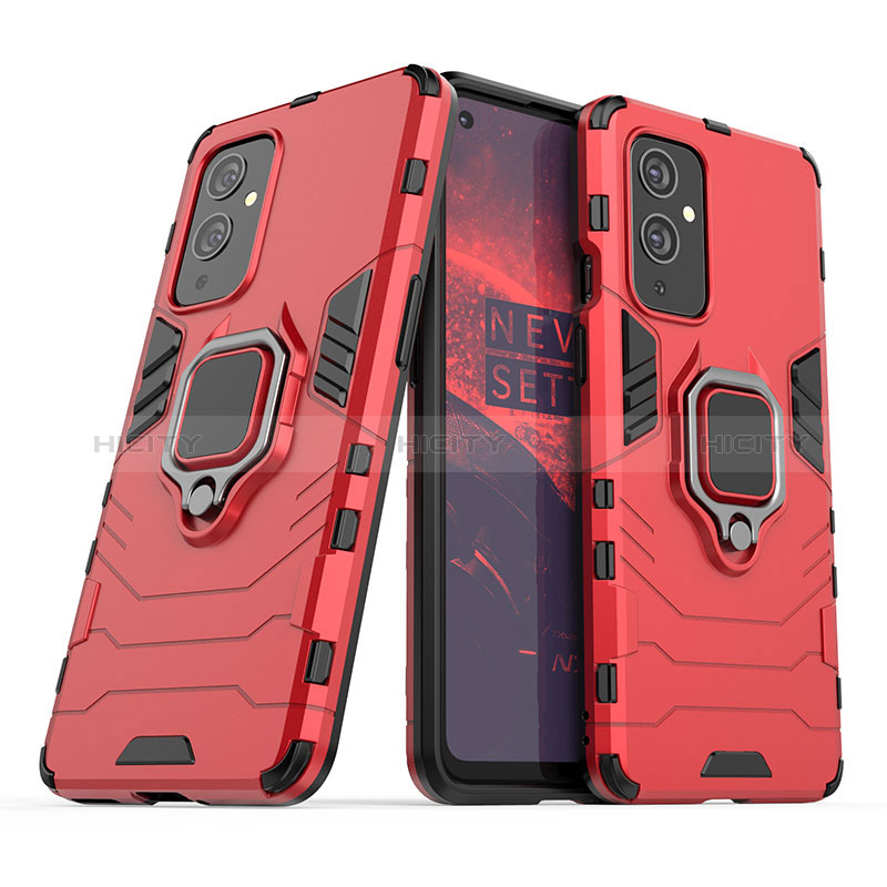 Funda Bumper Silicona y Plastico Mate Carcasa con Magnetico Anillo de dedo Soporte KC1 para OnePlus 9 5G Rojo