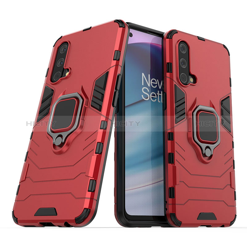 Funda Bumper Silicona y Plastico Mate Carcasa con Magnetico Anillo de dedo Soporte KC1 para OnePlus Nord CE 5G Rojo