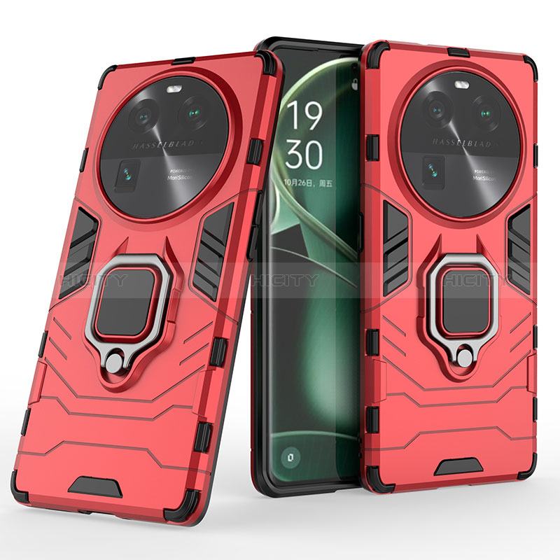 Funda Bumper Silicona y Plastico Mate Carcasa con Magnetico Anillo de dedo Soporte KC1 para Oppo Find X6 5G Rojo