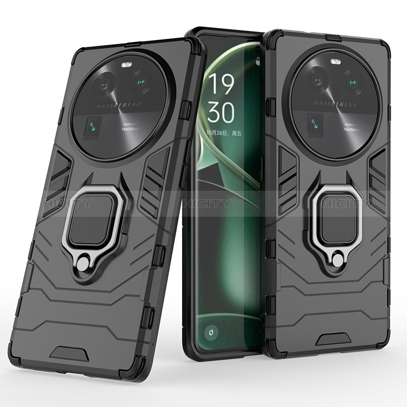 Funda Bumper Silicona y Plastico Mate Carcasa con Magnetico Anillo de dedo Soporte KC1 para Oppo Find X6 Pro 5G Negro