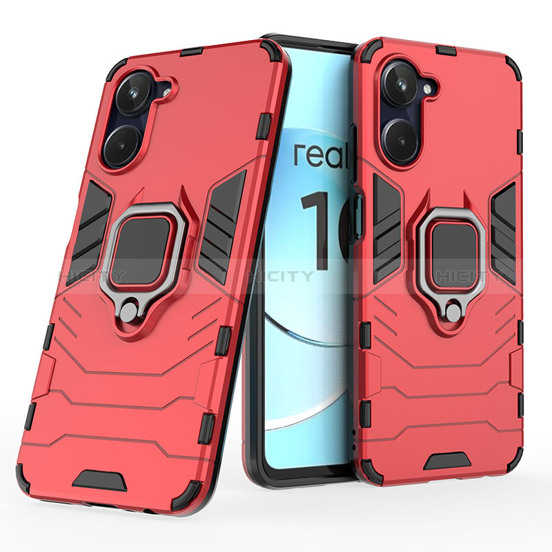 Funda Bumper Silicona y Plastico Mate Carcasa con Magnetico Anillo de dedo Soporte KC1 para Realme 10 4G Rojo