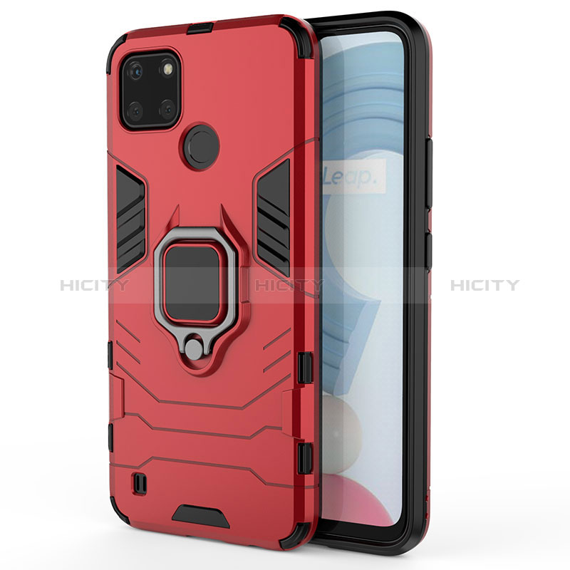 Funda Bumper Silicona y Plastico Mate Carcasa con Magnetico Anillo de dedo Soporte KC1 para Realme C21Y Rojo