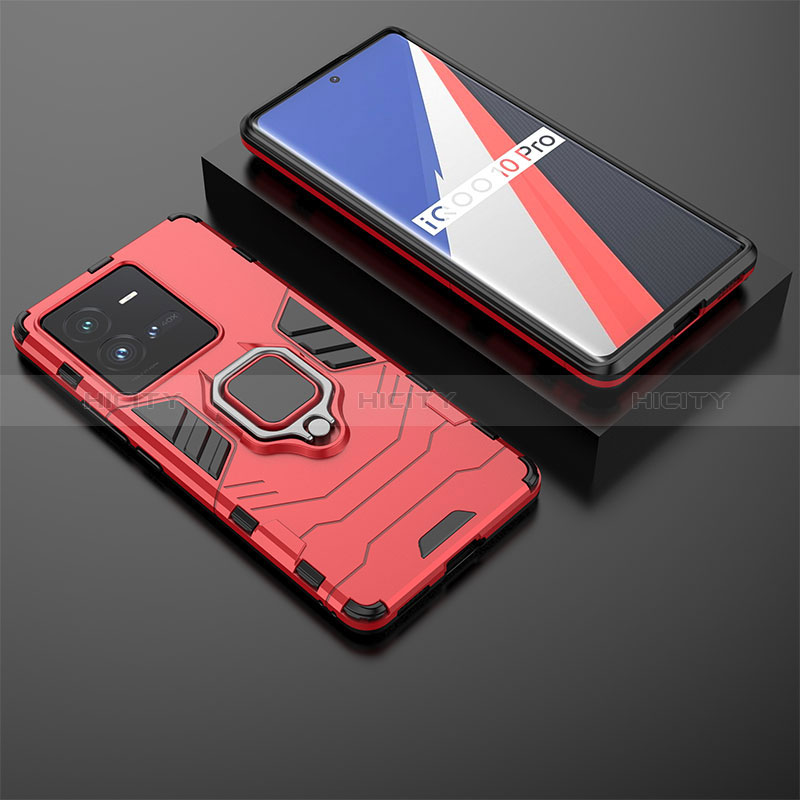 Funda Bumper Silicona y Plastico Mate Carcasa con Magnetico Anillo de dedo Soporte KC1 para Vivo iQOO 10 Pro 5G Rojo