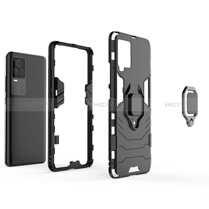 Funda Bumper Silicona y Plastico Mate Carcasa con Magnetico Anillo de dedo Soporte KC1 para Vivo iQOO 7 Legend 5G