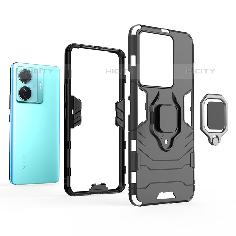 Funda Bumper Silicona y Plastico Mate Carcasa con Magnetico Anillo de dedo Soporte KC1 para Vivo iQOO Z6 Pro 5G