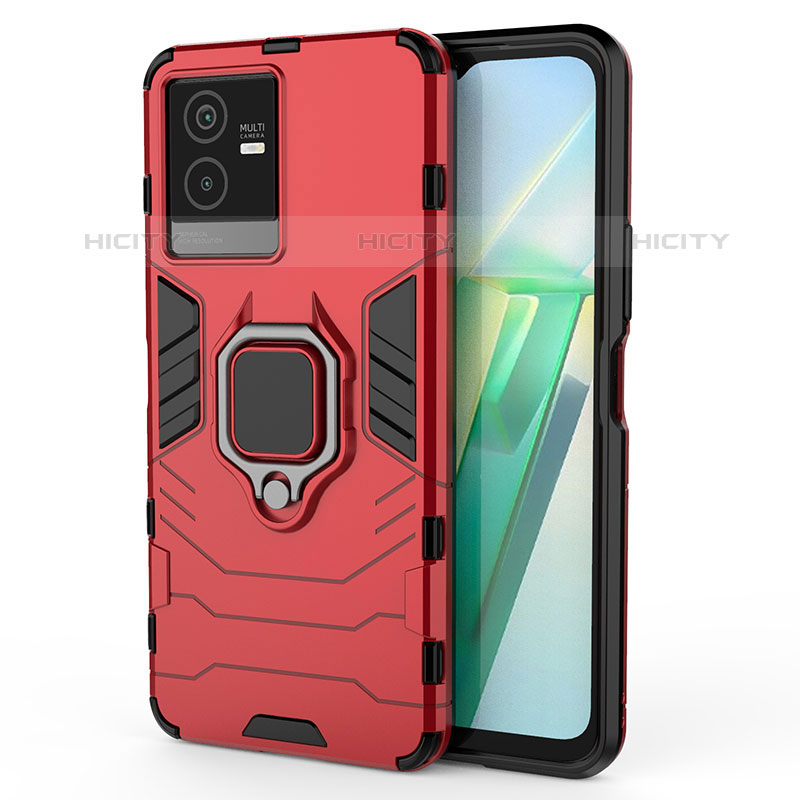 Funda Bumper Silicona y Plastico Mate Carcasa con Magnetico Anillo de dedo Soporte KC1 para Vivo iQOO Z6x Rojo